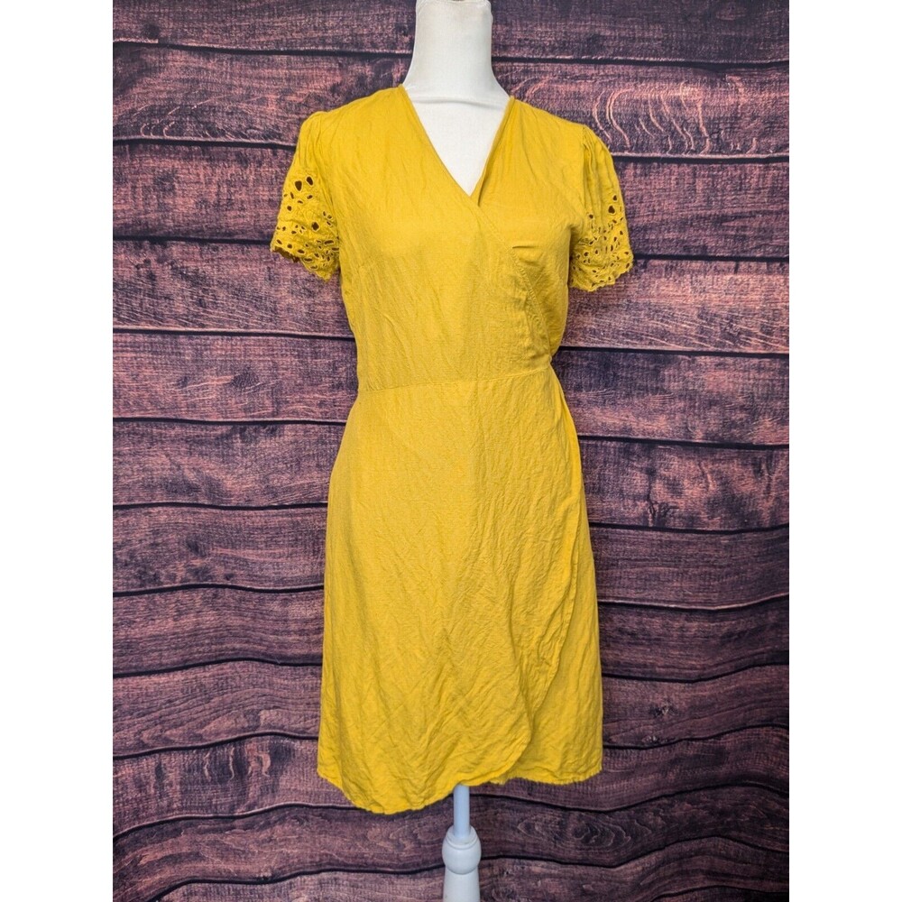 Loft Linen Blend Eyelet Sleeves‎ Yellow Wrap Dress Size Small P